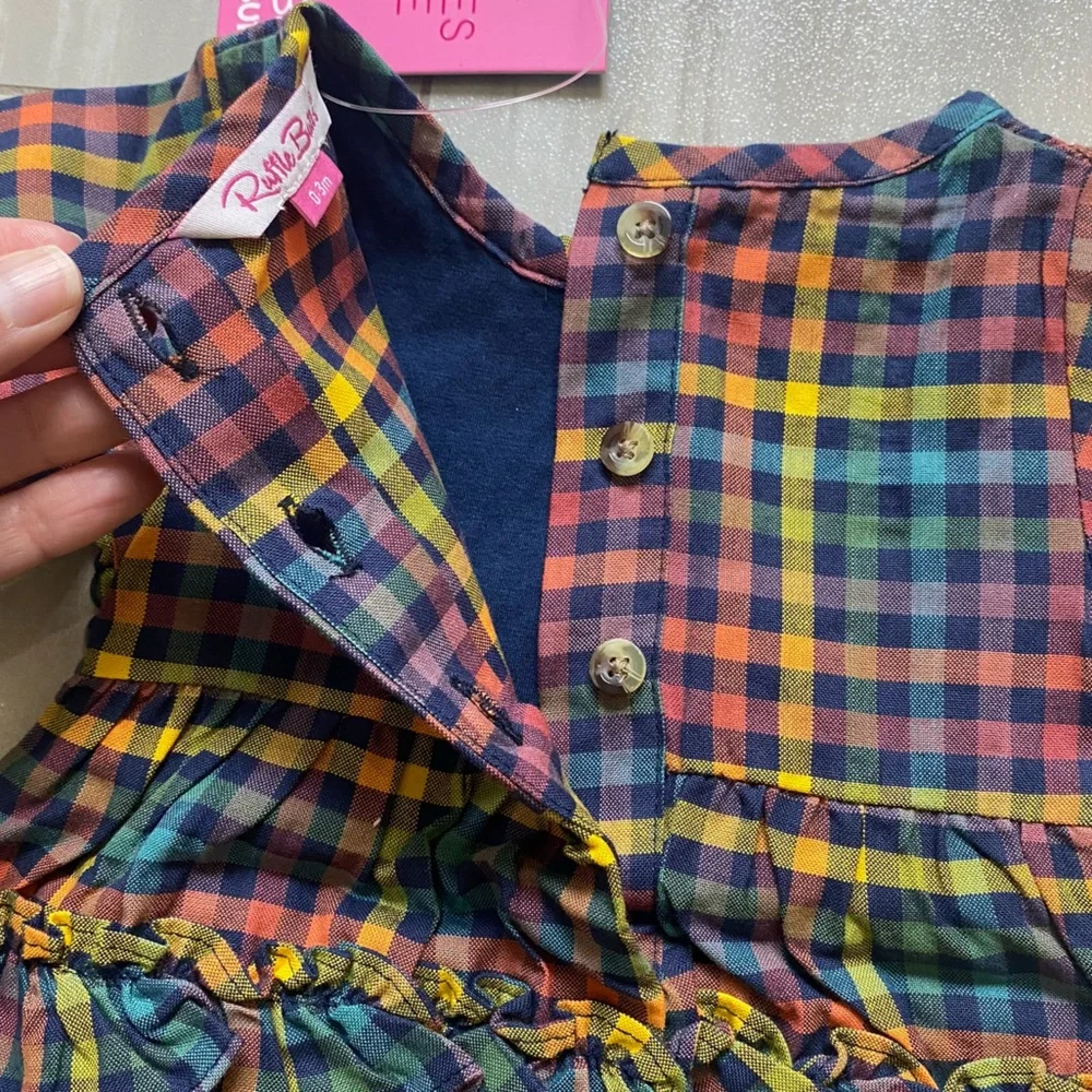 NWT RuffleButts Harvest Rainbow Gingham Long Sleeve Smocked Bubble Romper, 0-3M